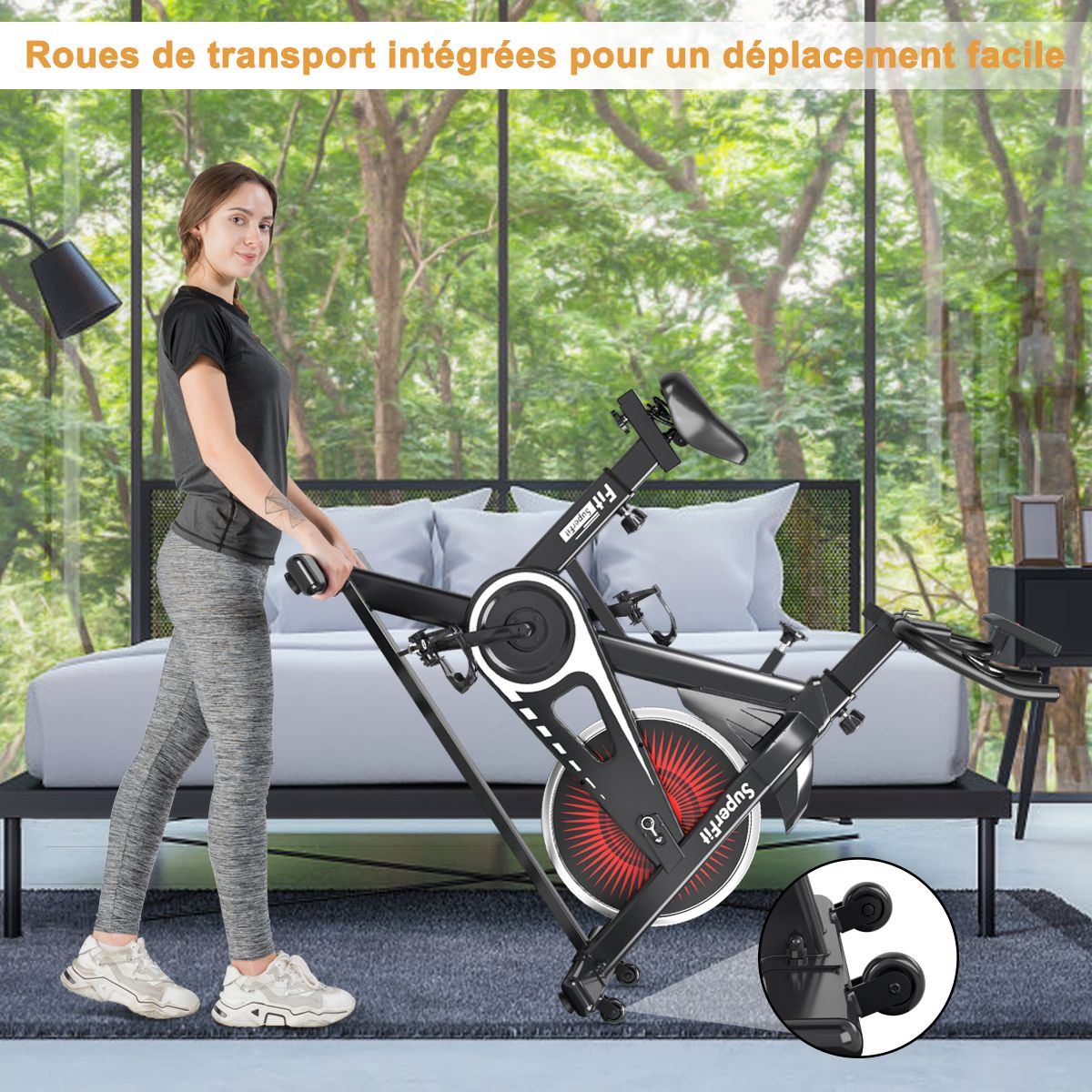 Vélo d’appartement silencieux avec roue et guidon en acier