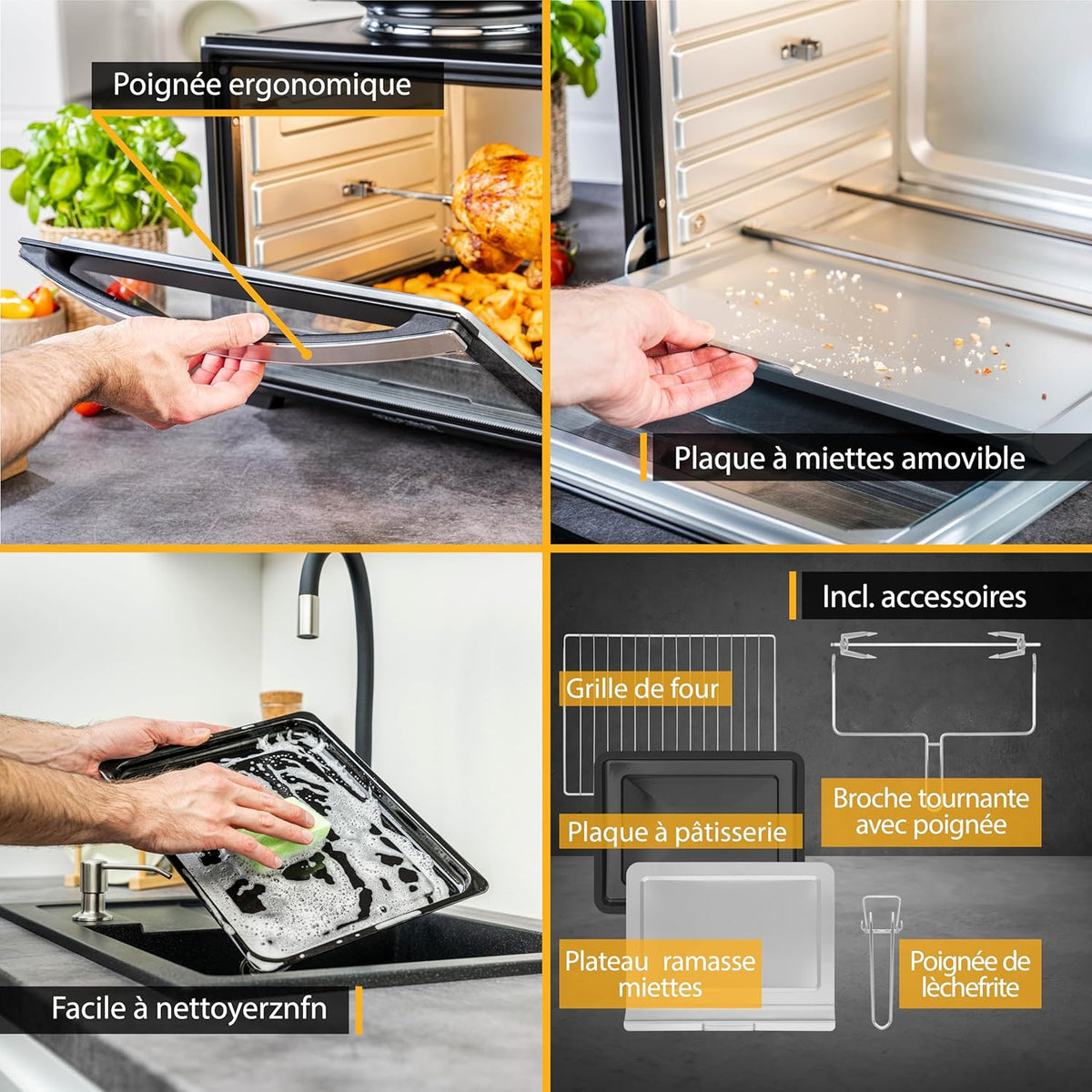 TZS First Austria Mini-four 60 l I 2000 W I Convection + R?tisserie I 4 éléments chauffants I Plage de température jusqu'à 230 °C I Minuterie 60 min I Inox I Noir