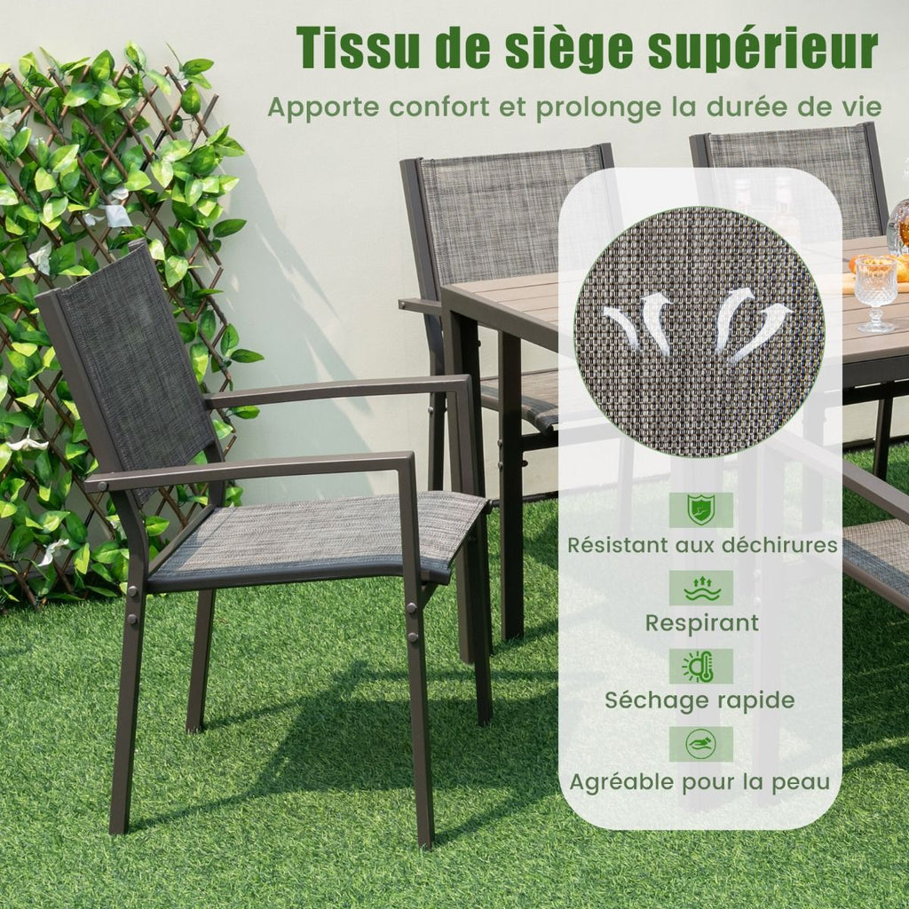 Ensemble de Meubles de Patio 7 Pièces pour 6 Personnes Salon de Jardin avec 6 Chaises Empilables et Table Rectangulaire Gris