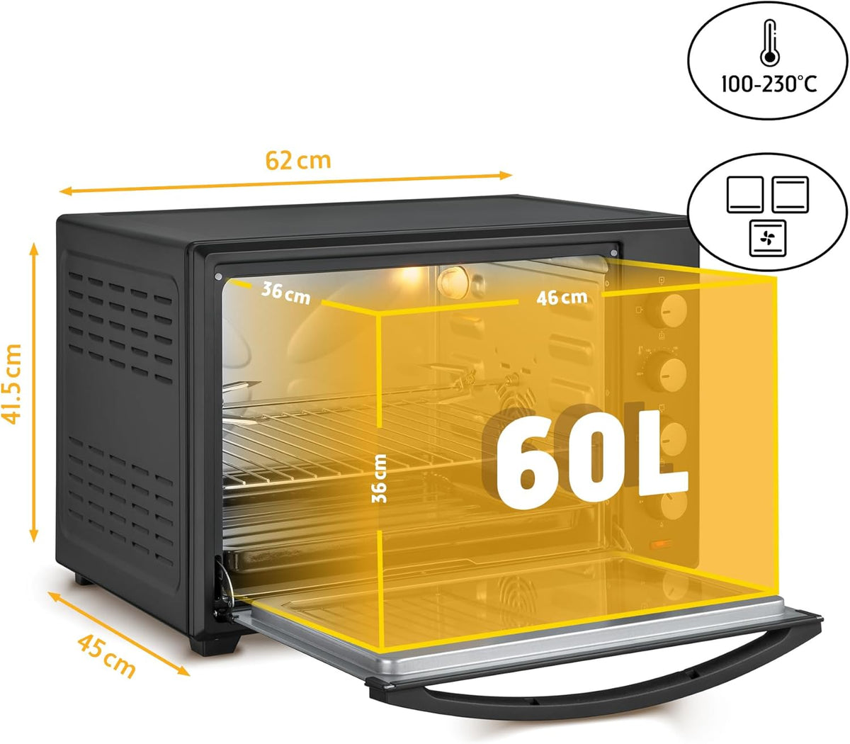 TZS First Austria Mini-four 60 l I 2000 W I Convection + R?tisserie I 4 éléments chauffants I Plage de température jusqu'à 230 °C I Minuterie 60 min I Inox I Noir