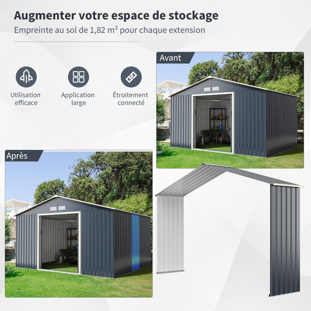 Abri de Jardin en Métal & Extension 10.85©O avec 2 Portes Coulissantes Verrouillables 4 Trous d’Aération Gris pour Vélo