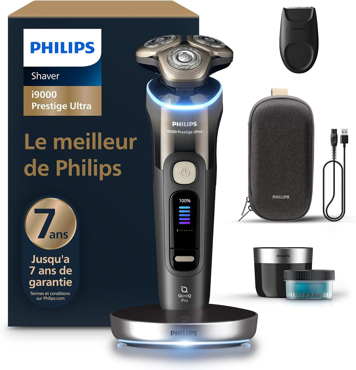 Philips Rasoir i9000 Prestige Ultra, Rasoir électrique 100% étanche, Technologie Skin IQ Pro, Système Triple Lift & Cut, Lames de précision NanoTech rotatives 360°, 5 modes de rasage, XP9401/38