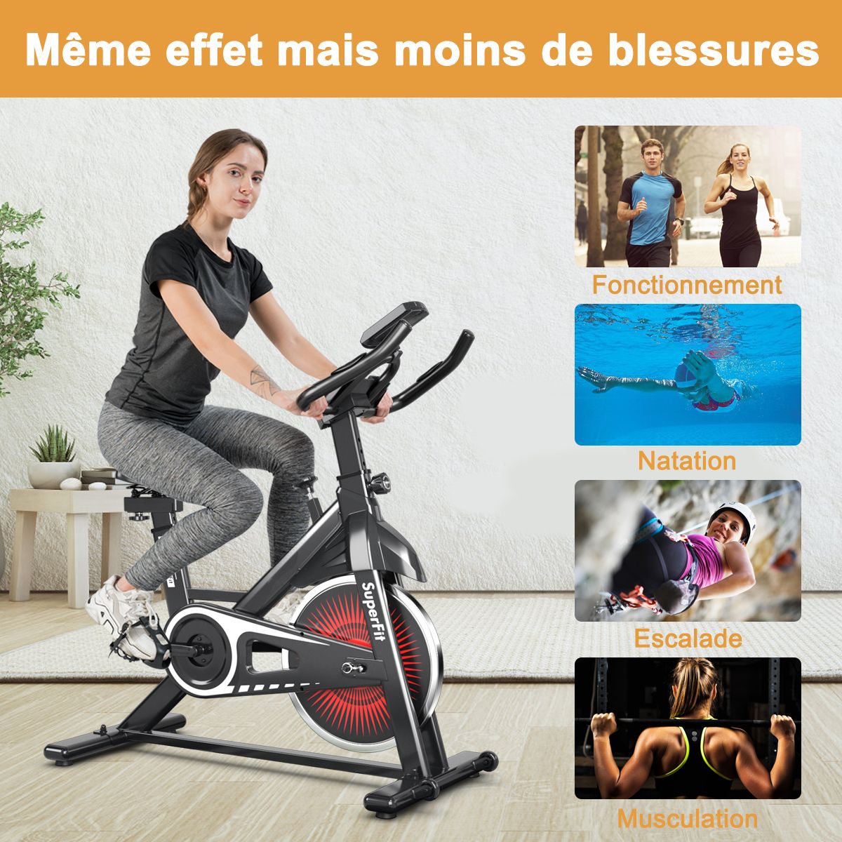 Vélo d’appartement silencieux avec roue et guidon en acier