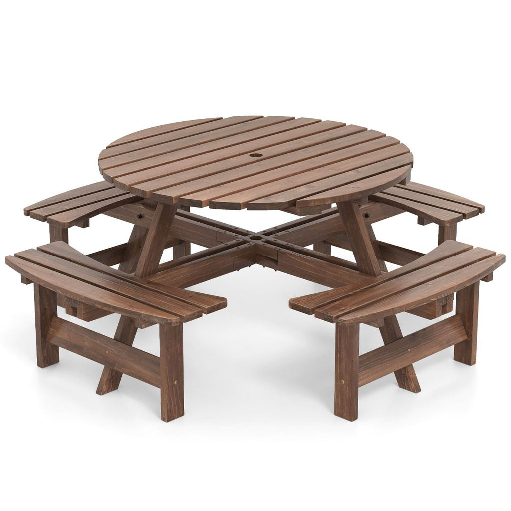 Ensemble Table de Pique-Nique en Bois pour 2 à 8 Personnes Set Table et Banc Circulaire avec 4 Bancs Intégrés Trou de Parasol de 5cm Marron/Jaune