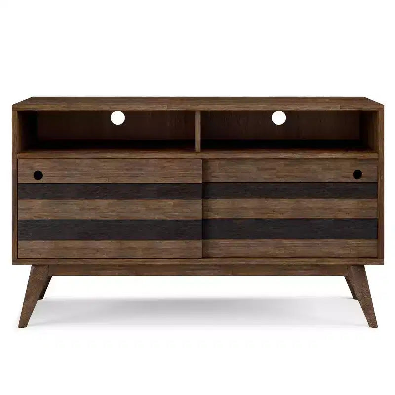 Meuble TV pour téléviseurs jusqu’à 60", en acacia brun naturel vieilli de style rustique, gestion des câbles, étagères réglables