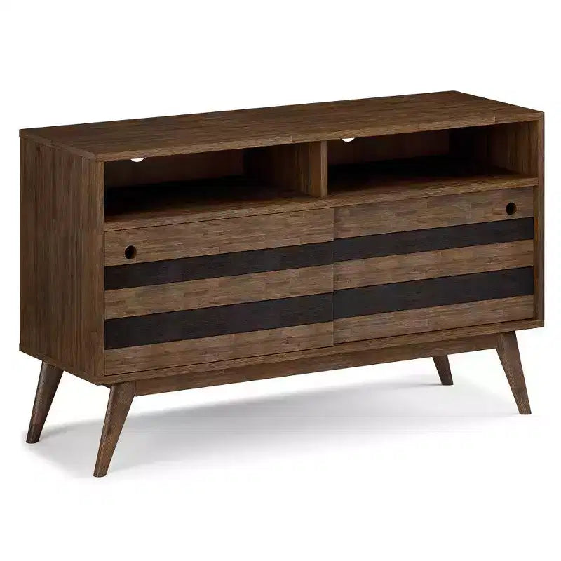 Meuble TV pour téléviseurs jusqu’à 60", en acacia brun naturel vieilli de style rustique, gestion des câbles, étagères réglables
