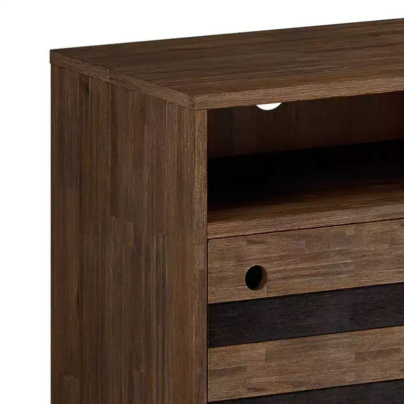 Meuble TV pour téléviseurs jusqu’à 60", en acacia brun naturel vieilli de style rustique, gestion des câbles, étagères réglables