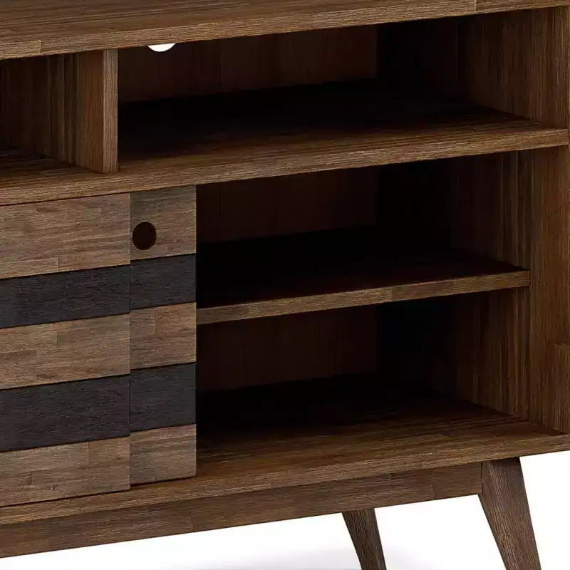 Meuble TV pour téléviseurs jusqu’à 60", en acacia brun naturel vieilli de style rustique, gestion des câbles, étagères réglables