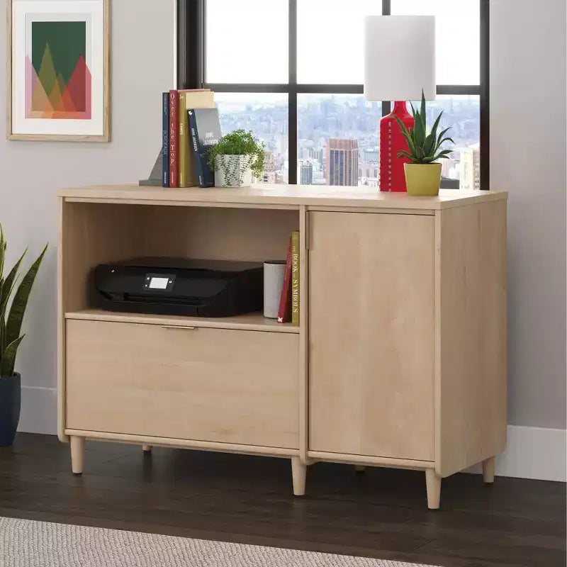 Crédence de bureau en érable naturel - meuble multimédia avec étagère réglable et rangement pour dossiers