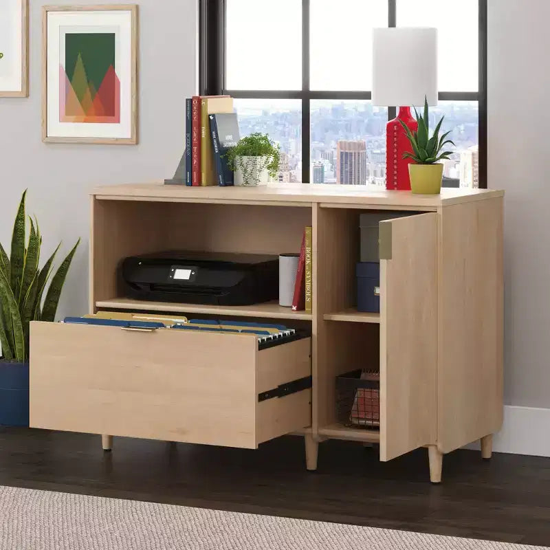 Crédence de bureau en érable naturel - meuble multimédia avec étagère réglable et rangement pour dossiers