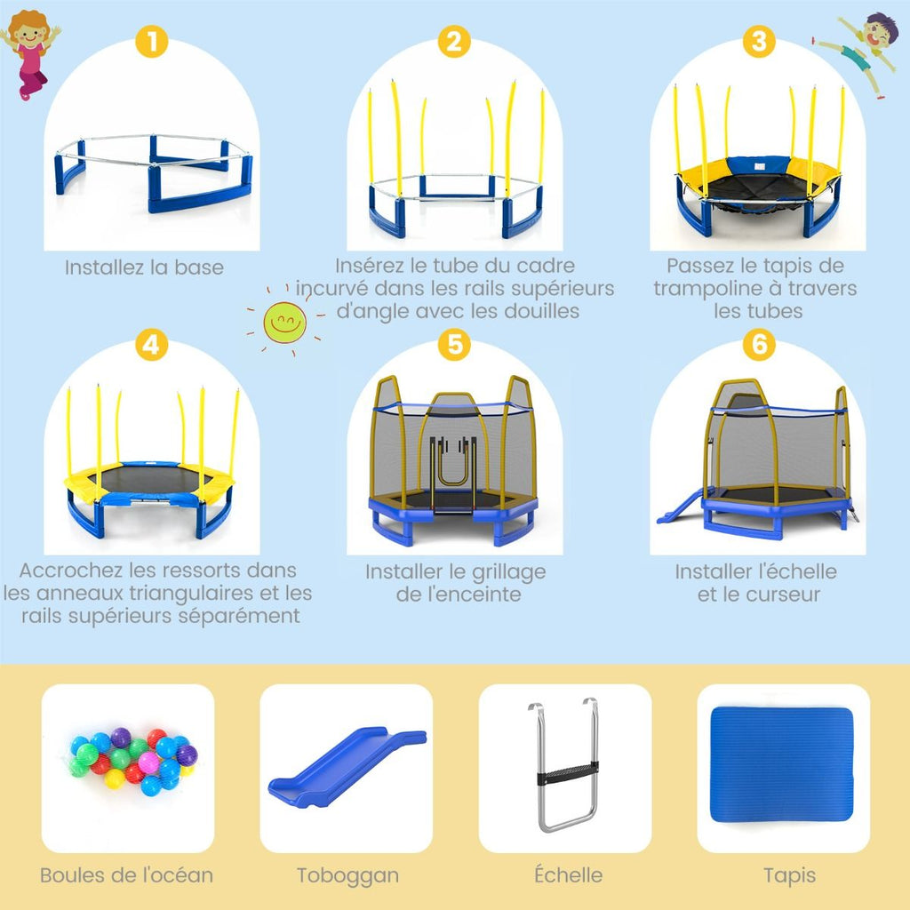 Trampoline Extérieur ? 223cm avec Toboggan&Echelle avec Filet de Sécurité 2 Portes en U Charge 270kg pour 2-3 Enfants de 3 Ans+ Bleu/Vert