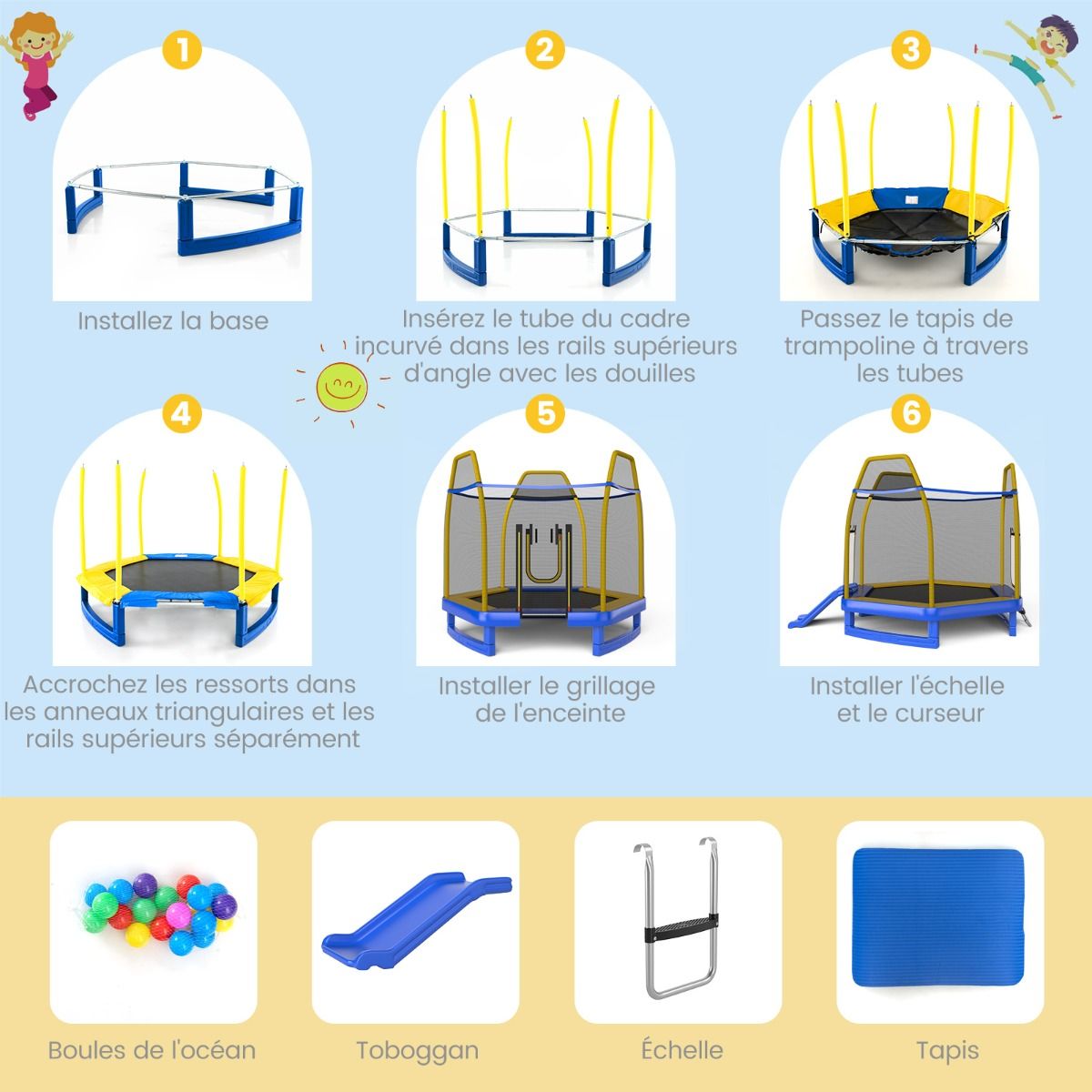 Trampoline Extérieur ? 223cm avec Toboggan&Echelle avec Filet de Sécurité 2 Portes en U Charge 270kg pour 2-3 Enfants de 3 Ans+ Bleu/Vert