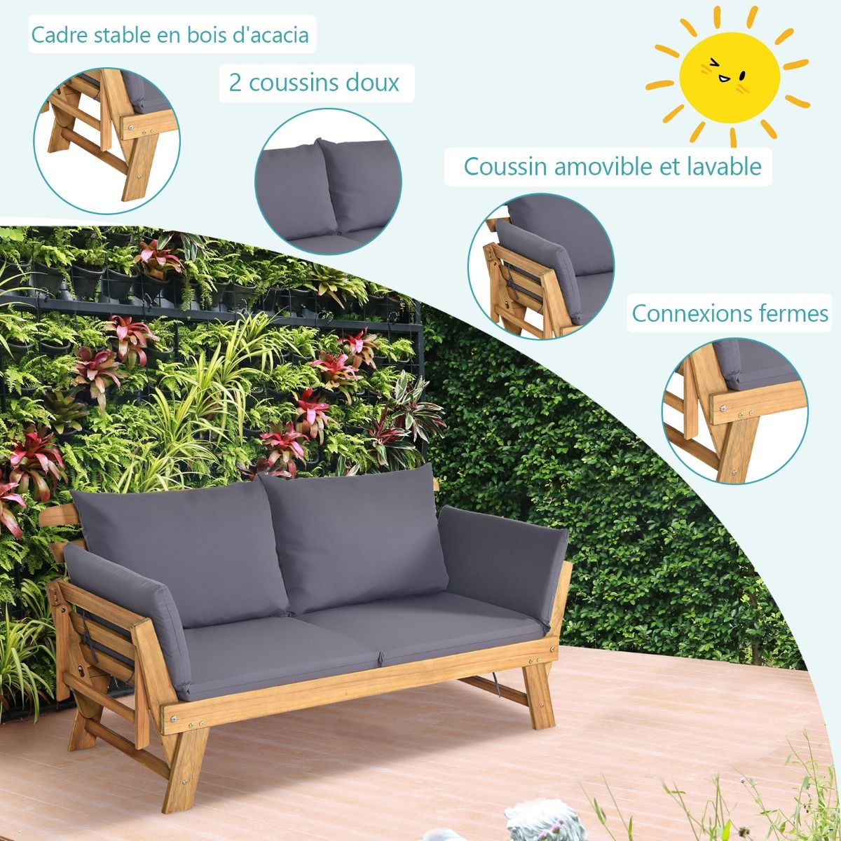 Chaise Longue Convertible avec Coussin Canapé de Jardin 2 en 1 en Bois d’Acacia avec Accoudoir Réglable pour Patio Piscine Jardin Blanc/Gris/Bleu/Rouge