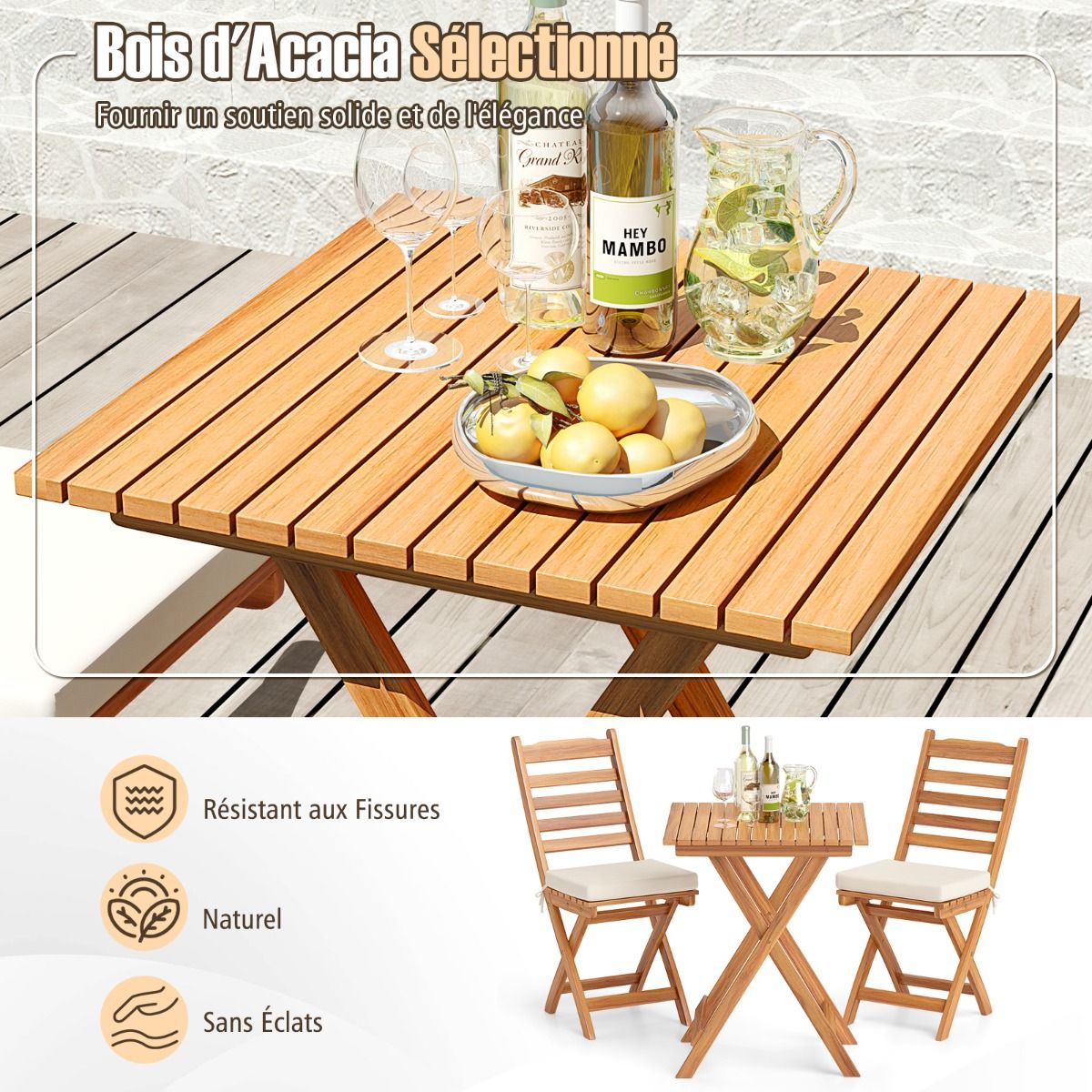 Ensemble Bistrot d'Extérieur en Bois d'Acacia Ensemble de Chaises Pliantes et Table Coussins de Siège Sans Accoudoirs à Dossier Haut Blanc