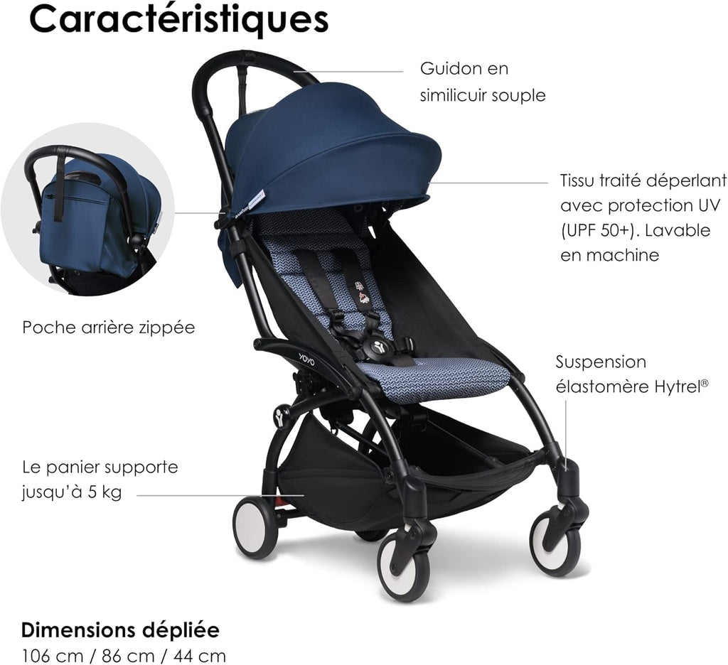 Poussette BABYZEN YOYO2 6+ (Cadre noir + pack couleur Aqua) - Comprend un harnais, un dossier, des arceaux de capote, une bandoulière, un coussin d’assise, et une capote assortie