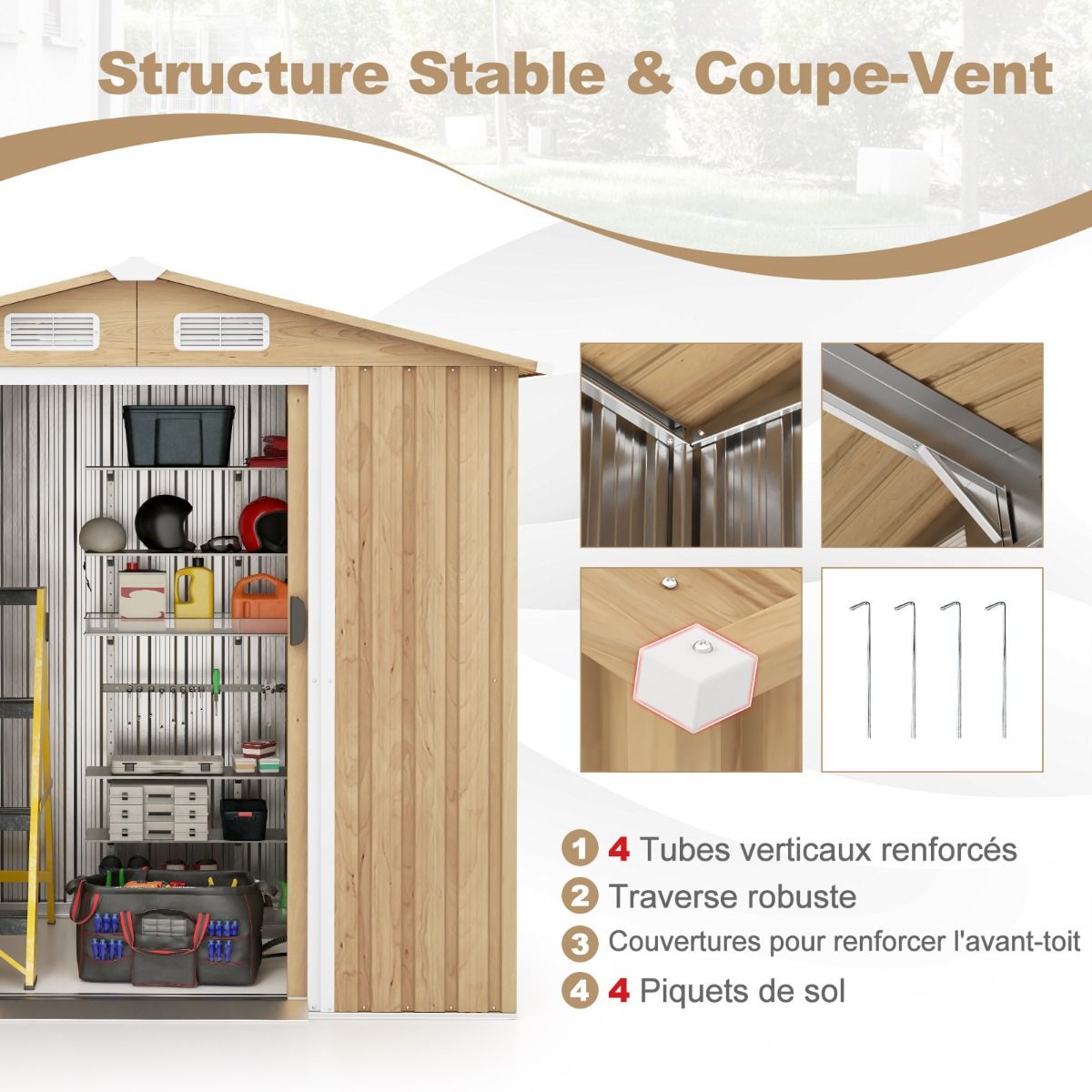 Abri de Jardin 2.3©O en Acier Galvanisé Anti-UV 196x142x186cm Cabane de Jardin Exterieur 3.7m3 avec Porte Coulissante Rampe Naturel