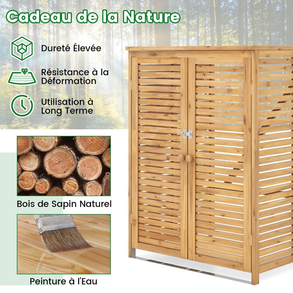 Abri à Poubelle en Bois de 120 L Abri pour Outils d'Extérieur avec Couvercle Ouvrable Doubles Portes Loquet de Verrouillage Naturel