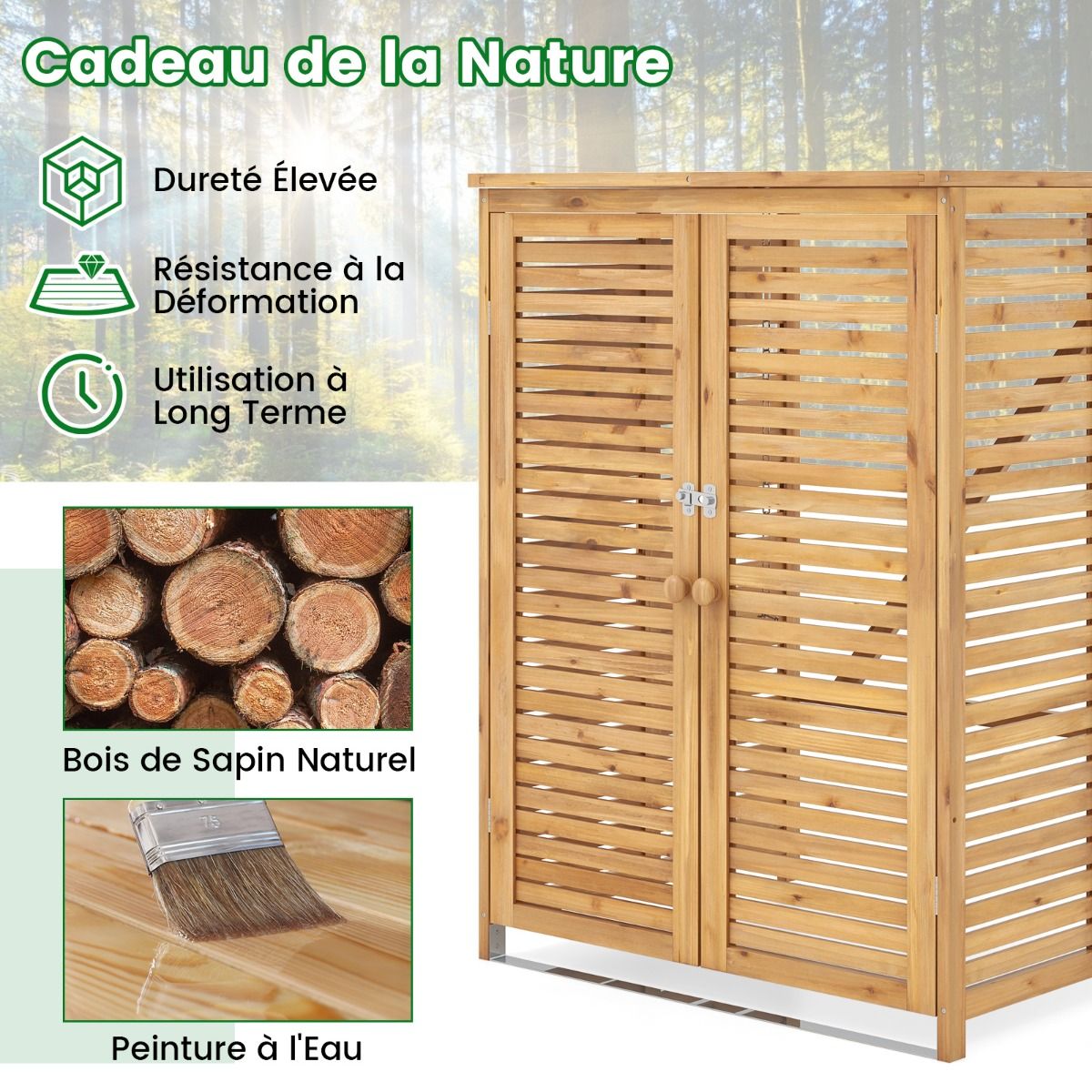 Abri à Poubelle en Bois de 120 L Abri pour Outils d'Extérieur avec Couvercle Ouvrable Doubles Portes Loquet de Verrouillage Naturel