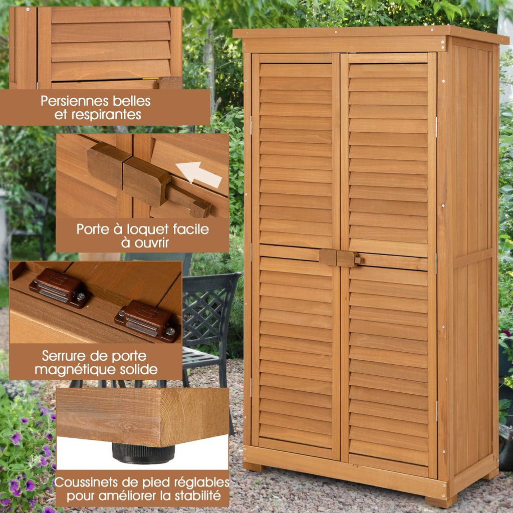 Abri de Jardin En Bois 160 Cm Toit en Asphalte 2 Portes Verrouillables avec Loquet Armoire Cabane en Sapin Pré-Huilé Imperméable 3 étagères Amovibles Naturel