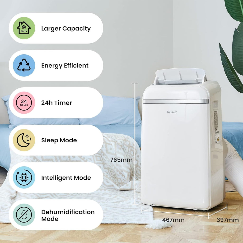 COMFEE' Climatiseur Mobile 9000 BTU/h 2,6kW, 3-EN-1 Refroidisseur Déshumidificateur Ventilateur, Fonction Follow me, Minuterie, Mode nuit, Pour salon et maison de 33©O/88m3, MPPH-09CRN7, R290