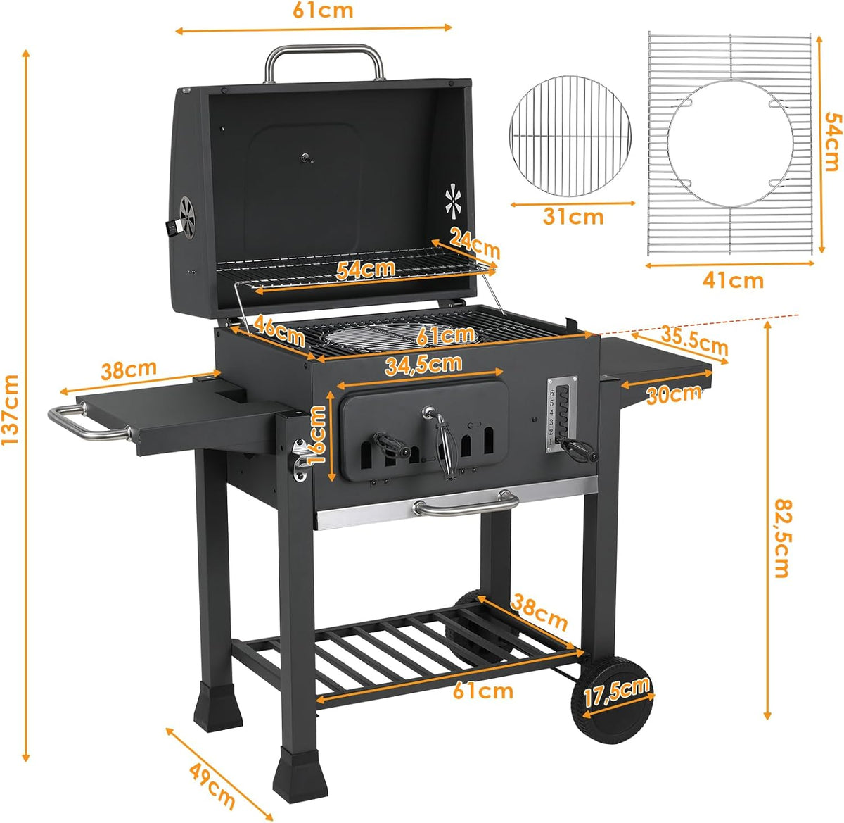 Barbecue Charbon de Bois XL, Chariot à Barbecue, Grill XL à Charbon avec Couvercle, Roues et Thermomètre, Réglable en Hauteur, Grand Barbecue au Charbon de Bois, pour Camping et Jardin, Noir