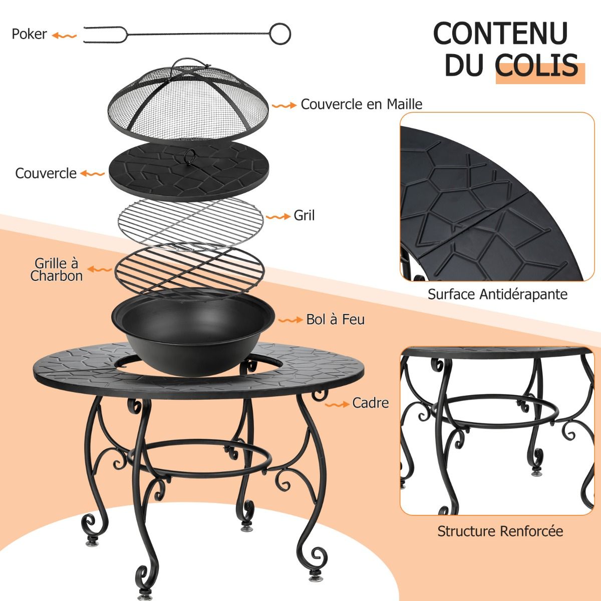 Brasero Extérieur pour Jardin 80 x 80 x 70 cm Foyer rond 4 en 1 avec Brasero Grille de Cuisson Grille en Bois