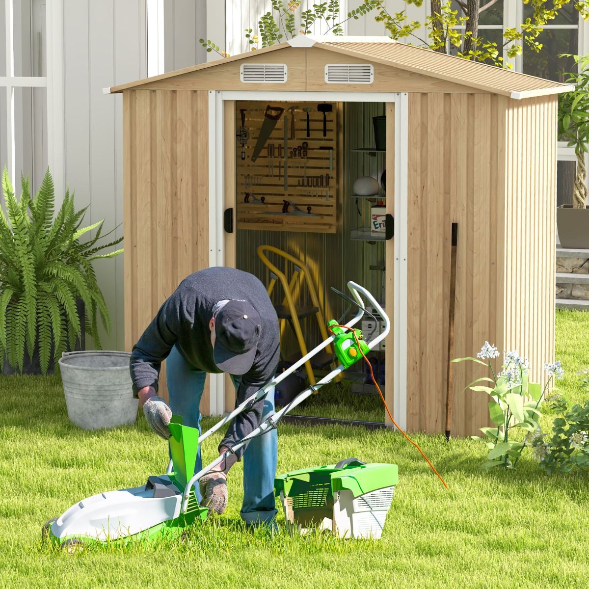 Abri de Jardin 2.3©O en Acier Galvanisé Anti-UV 196x142x186cm Cabane de Jardin Exterieur 3.7m3 avec Porte Coulissante Rampe Naturel