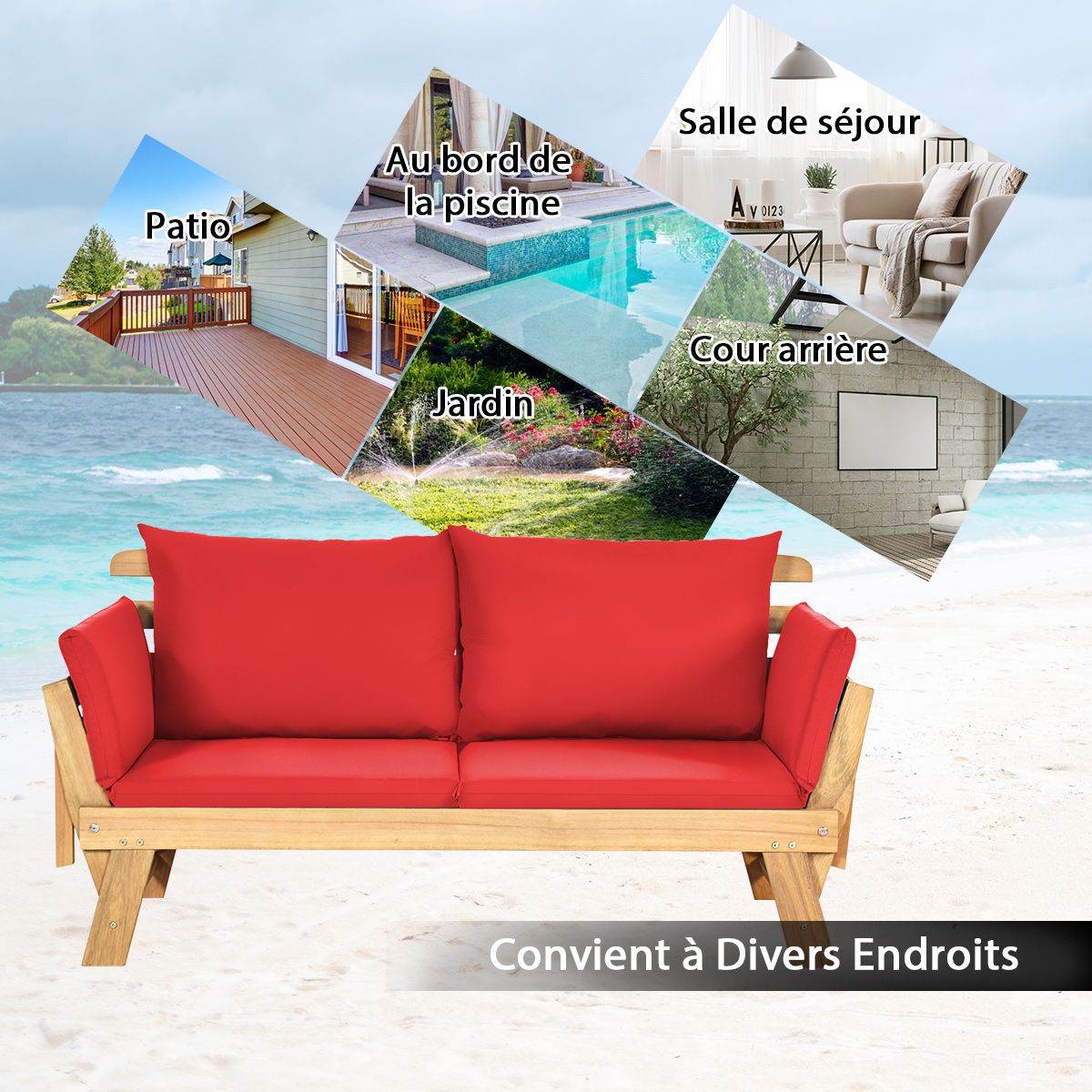 Chaise Longue Convertible avec Coussin Canapé de Jardin 2 en 1 en Bois d’Acacia avec Accoudoir Réglable pour Patio Piscine Jardin Blanc/Gris/Bleu/Rouge