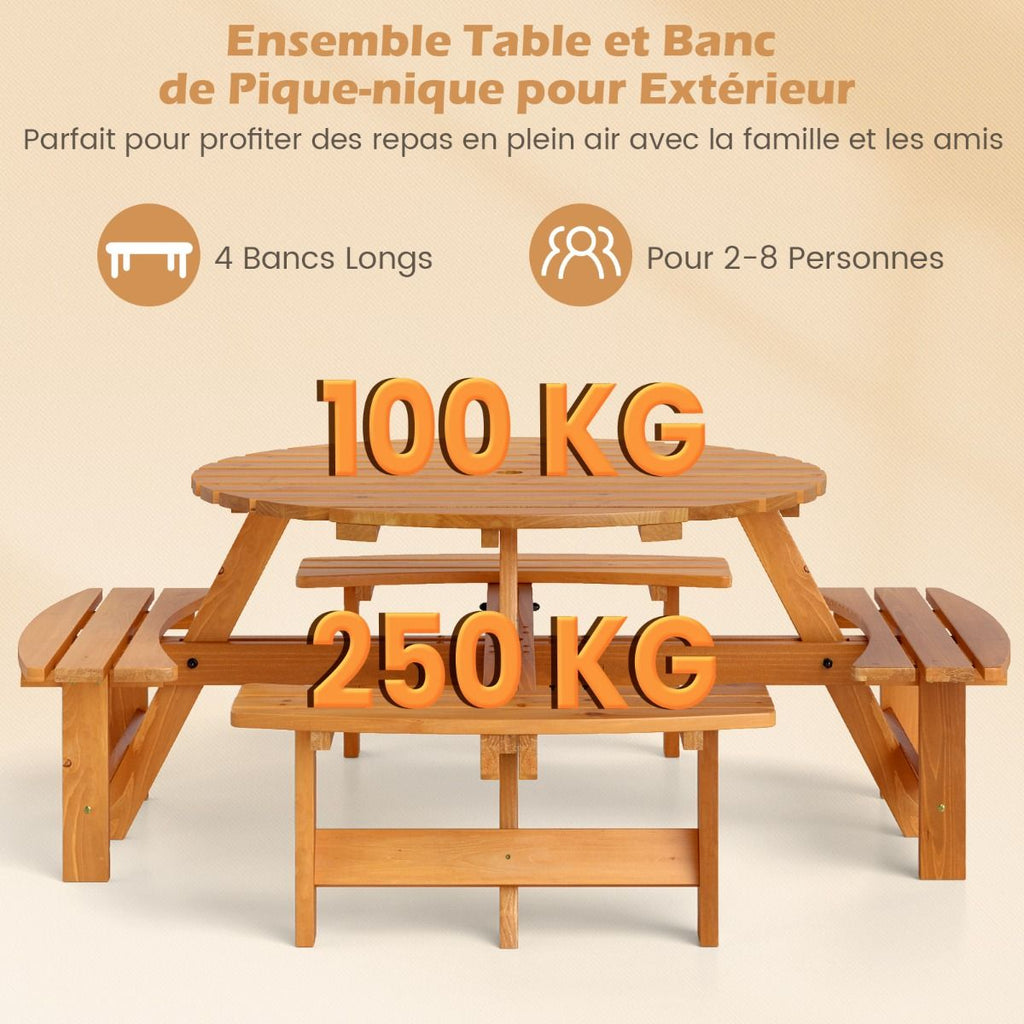 Ensemble Table de Pique-Nique en Bois pour 2 à 8 Personnes Set Table et Banc Circulaire avec 4 Bancs Intégrés Trou de Parasol de 5cm Marron/Jaune