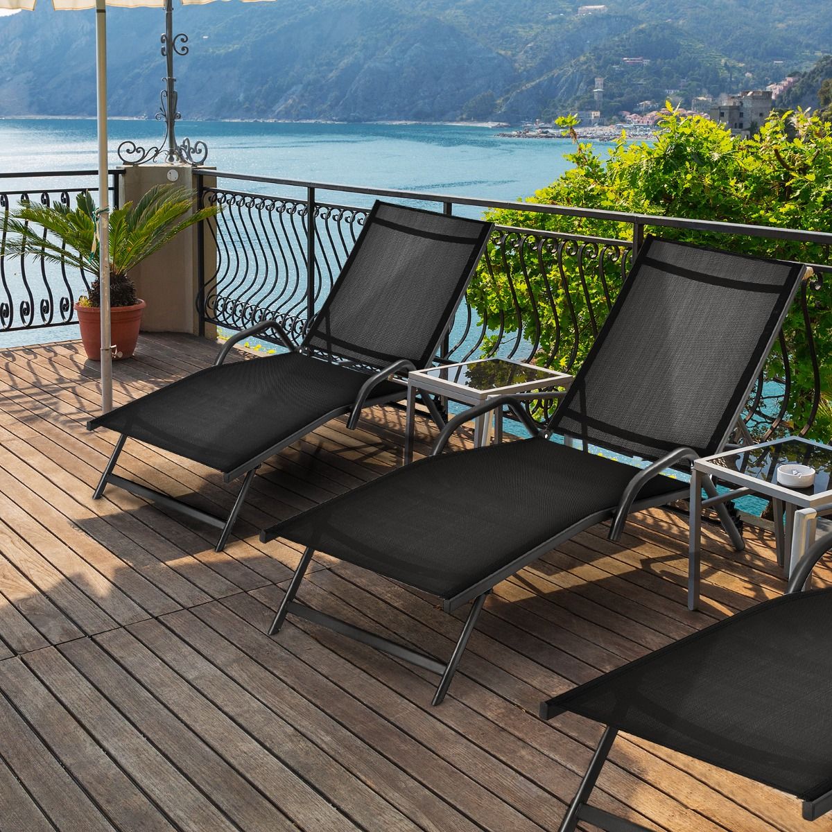 Lot de 2 Bains de Soleil Inclinables d'Extérieur avec Accoudoirs et Dossier Réglable à 5 Positions Charge 160 kg Noir