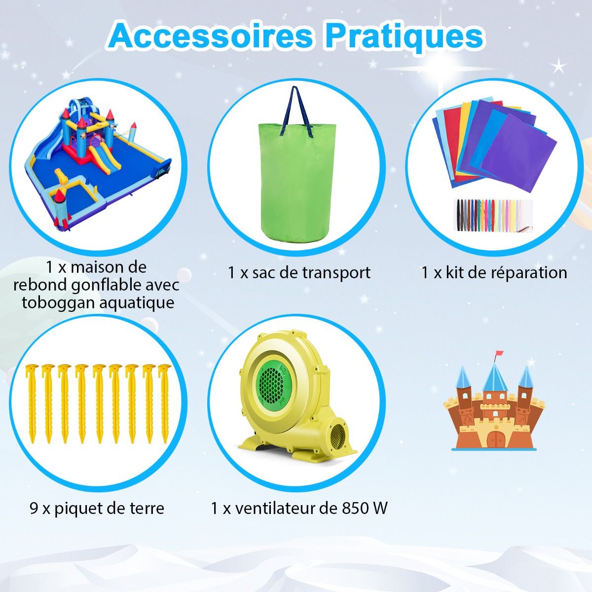 Chateau Gonflable à Toboggans Aquatiques Thème de La Fusée pour Enfants Piscine Zone de Saut Pistolet à Eau Escalade Souffleur de 850 W Multicolore