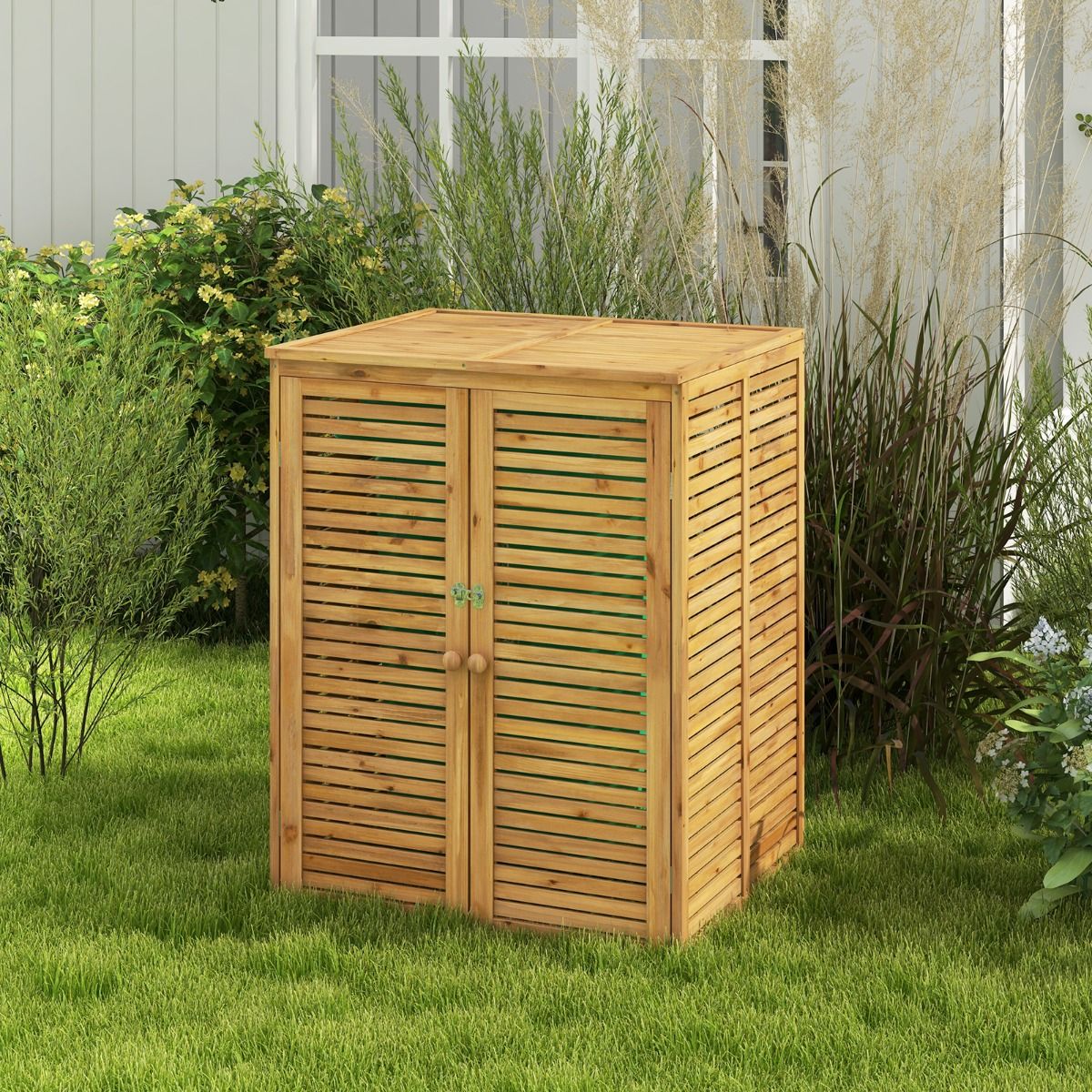 Abri à Poubelle en Bois de 120 L Abri pour Outils d'Extérieur avec Couvercle Ouvrable Doubles Portes Loquet de Verrouillage Naturel