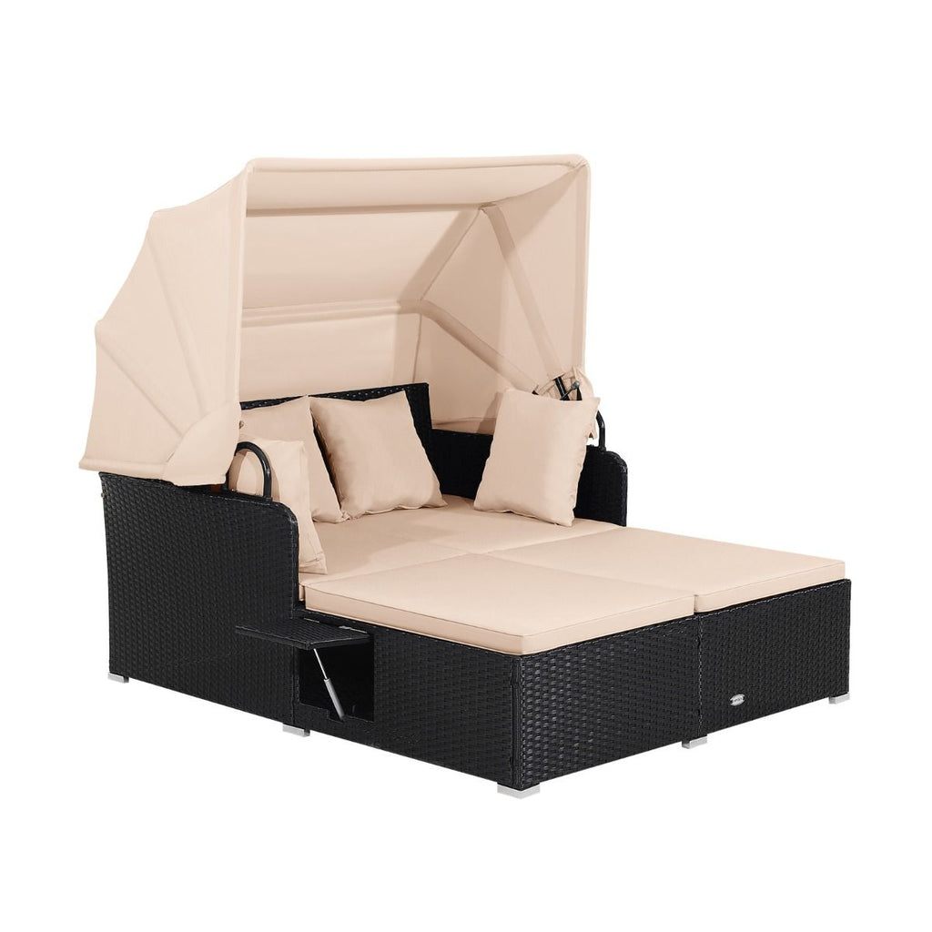 Chaise Longue à 2 Places en Rotin avec Auvent Rétractable Bain de Soleil avec Panneaux Latéraux Pliables Charge 360KG Beige/Gris
