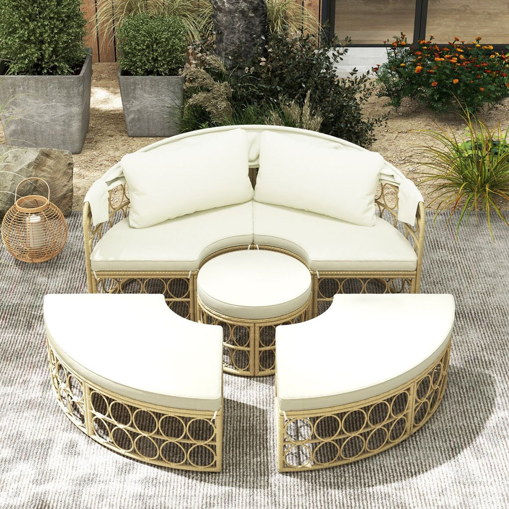 Lit de Repos Rond pour Patio avec Auvent Rétractable Ensemble de Siège Sectionnels Séparés en Rotin PE avec Coussins Doux Blanc