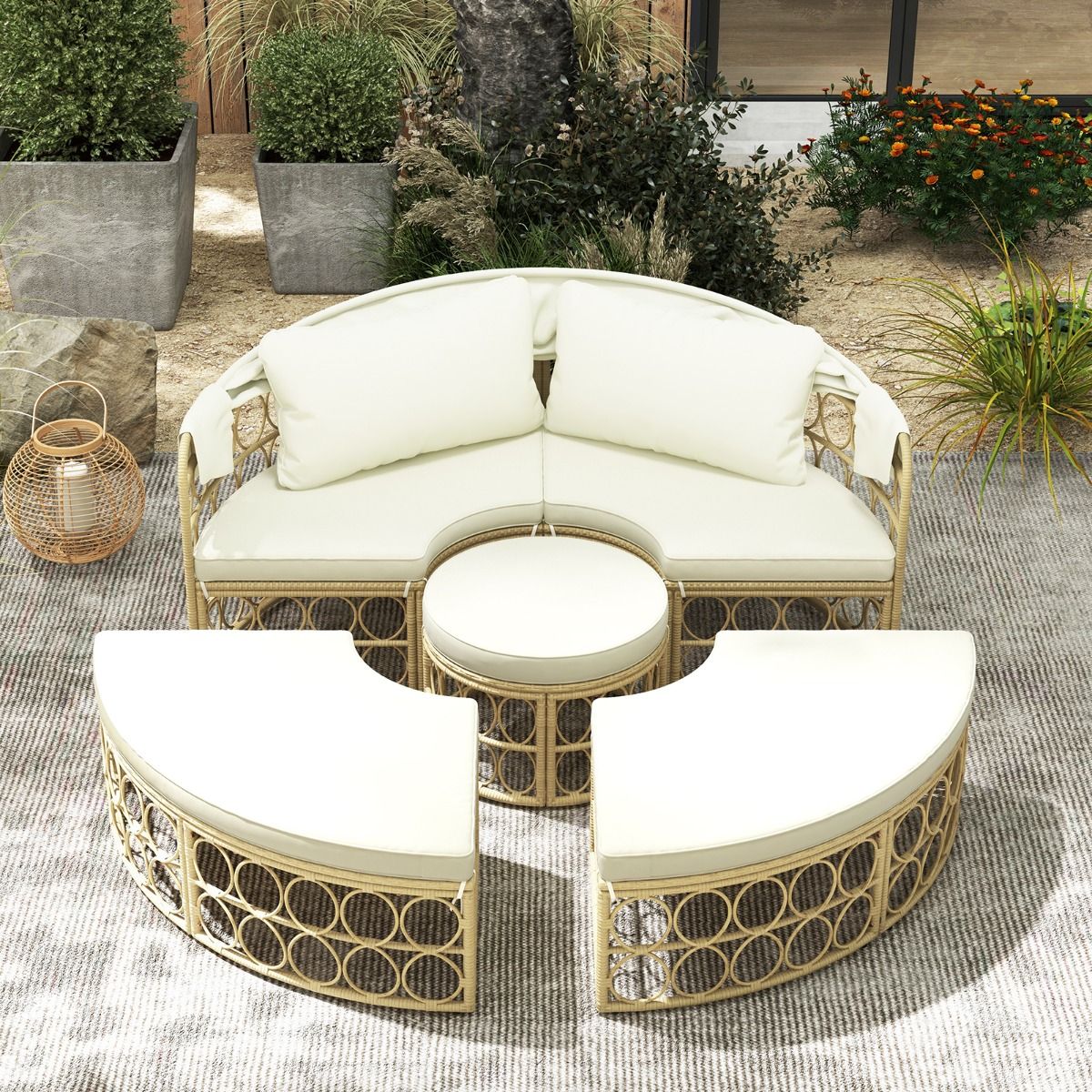 Lit de Repos Rond pour Patio avec Auvent Rétractable Ensemble de Siège Sectionnels Séparés en Rotin PE avec Coussins Doux Blanc