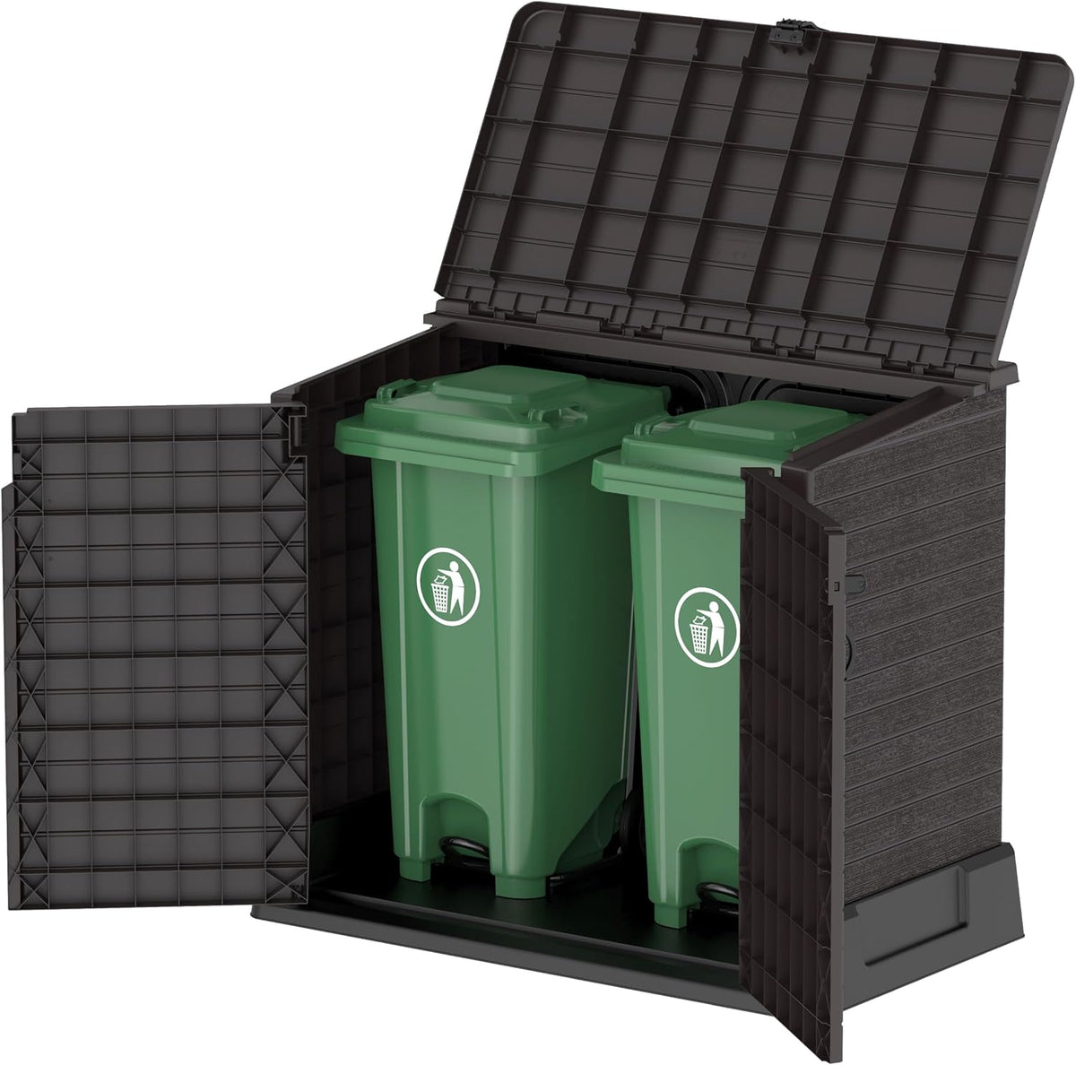 Duramax StoreAway 1200L Plastic Garden Shed/ Flat Lid, Outdoor Storage Shed, Wheelie Bin Hideaways, Wheelie bin box, Durable Construction, Ideal for Bikes, BBQs & 2x 240L Bins, 145x85x125 cm, Brown