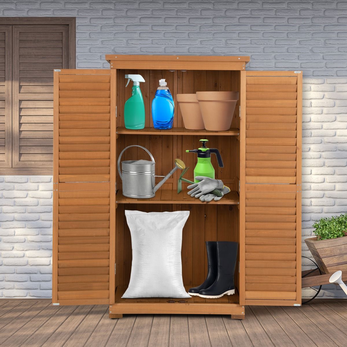 Abri de Jardin En Bois 160 Cm Toit en Asphalte 2 Portes Verrouillables avec Loquet Armoire Cabane en Sapin Pré-Huilé Imperméable 3 étagères Amovibles Naturel