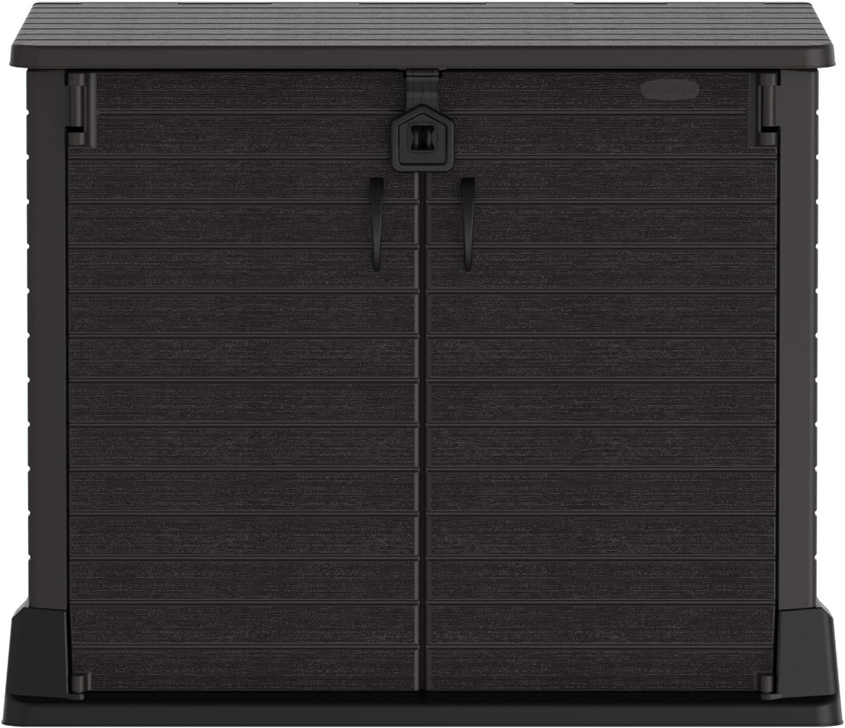 Duramax StoreAway 1200L Plastic Garden Shed/ Flat Lid, Outdoor Storage Shed, Wheelie Bin Hideaways, Wheelie bin box, Durable Construction, Ideal for Bikes, BBQs & 2x 240L Bins, 145x85x125 cm, Brown