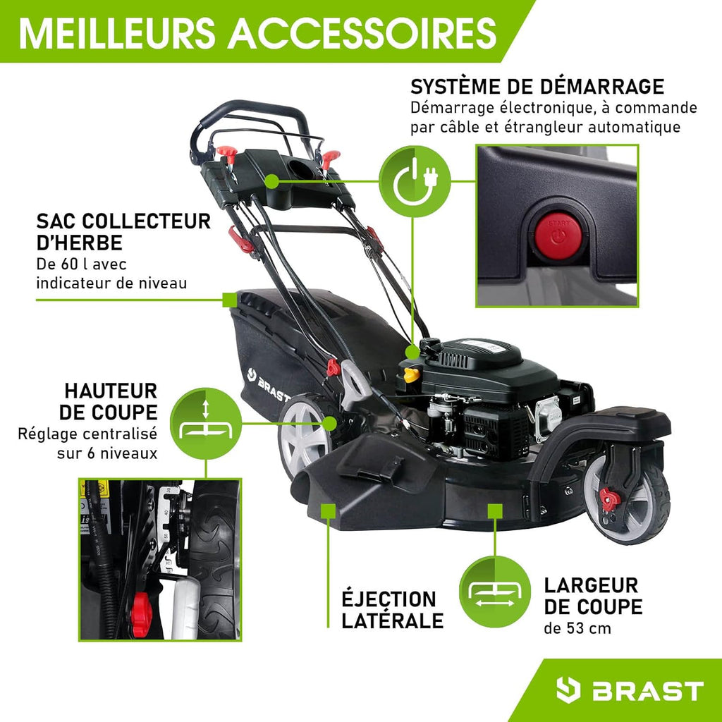 BRAST tondeuse thermique 3 roues TRIKE E-START 224cc 53cm tractée démarrage électrique mulching 4en1 capot en t?le en acier 60l - moteur 4 temps de la marque fran?aise GT reglable
