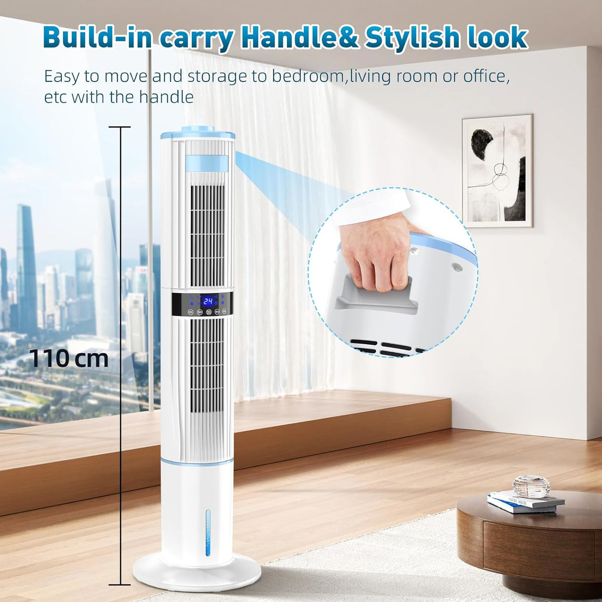 Climatiseur Mobile Silencieux Rafra?chisseur d'air avec Humidificateur, Ventilateur, 2 Sortie d'air, 360°Oscillation, 65W, 24H Minuteries, 3 Vitesses, 4 Modes,Télécommande pour Chambre Bureau