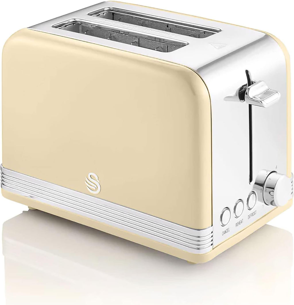 Swan Retro Ensemble Petit-Déjeuner, Bouilloire 1,8 L, Grille-Pain 2 Tranches à Fente Large, Micro-Ondes Numérique 20L, 6 Niveaux de Puissance, Minuteur, Porte Miroir, Design Vintage, Crème