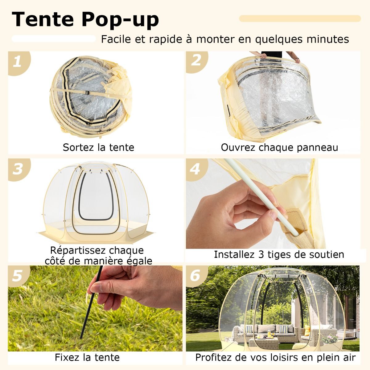 Tente Bulle à Ouverture Instantanée pour 6 à 10 Personnes Tente D?me d'Extérieur 328 x 328 cm Résistante Aux Intempéries Transparent