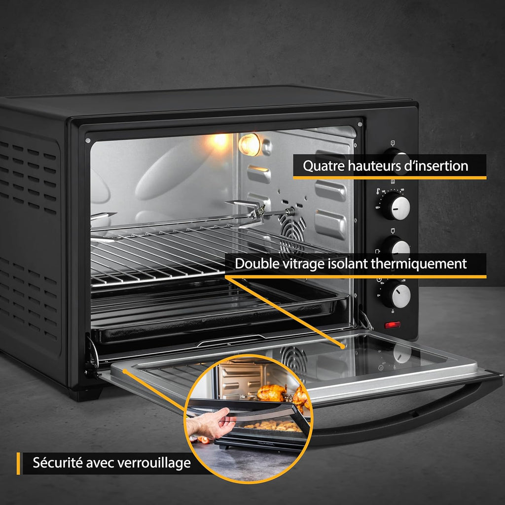 TZS First Austria Mini-four 60 l I 2000 W I Convection + R?tisserie I 4 éléments chauffants I Plage de température jusqu'à 230 °C I Minuterie 60 min I Inox I Noir