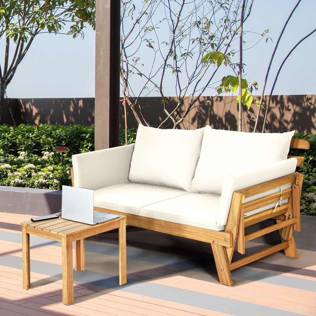 Chaise Longue Convertible avec Coussin Canapé de Jardin 2 en 1 en Bois d’Acacia avec Accoudoir Réglable pour Patio Piscine Jardin Blanc/Gris/Bleu/Rouge