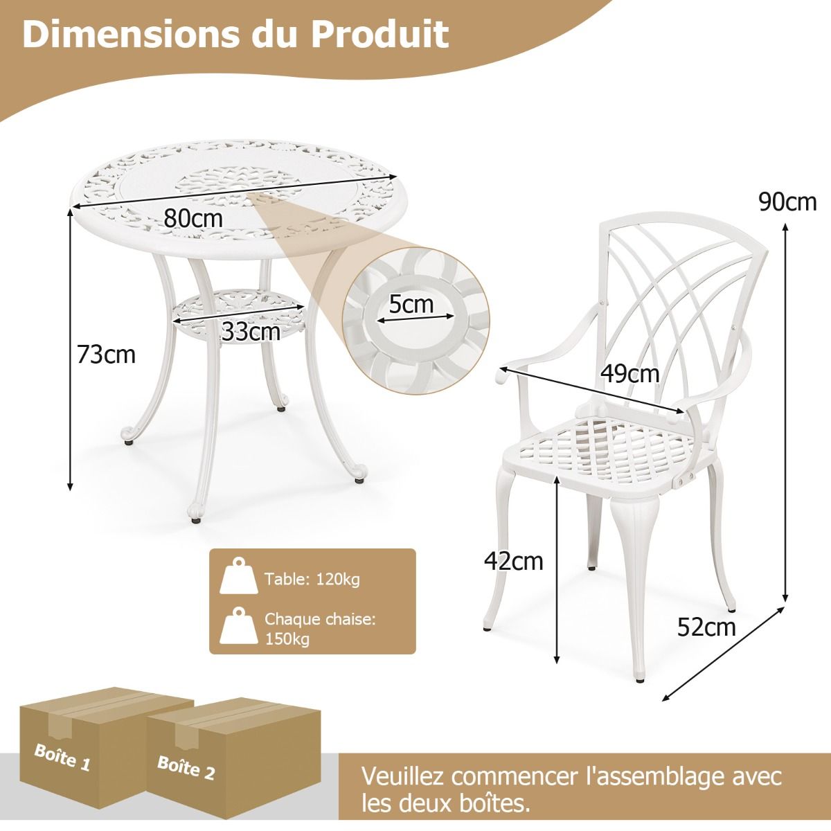 5 Pcs Salon de Jardin en Fonte d'Aluminium Trou pour Parasol Repose-pieds Réglables Ensemble de Table Ronde et 4 Chaises Blanc