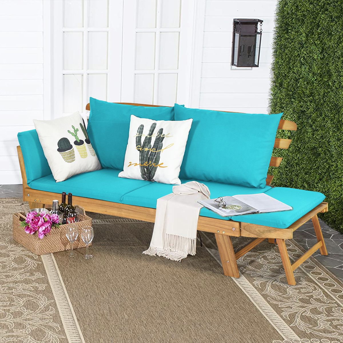 Chaise Longue Convertible avec Coussin Canapé de Jardin 2 en 1 en Bois d’Acacia avec Accoudoir Réglable pour Patio Piscine Jardin Blanc/Gris/Bleu/Rouge