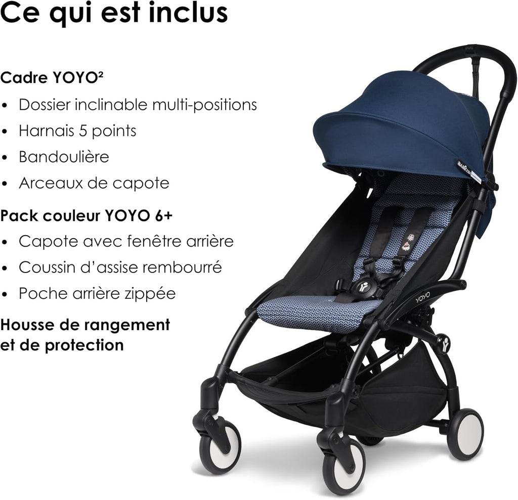 Poussette BABYZEN YOYO2 6+ (Cadre noir + pack couleur Aqua) - Comprend un harnais, un dossier, des arceaux de capote, une bandoulière, un coussin d’assise, et une capote assortie