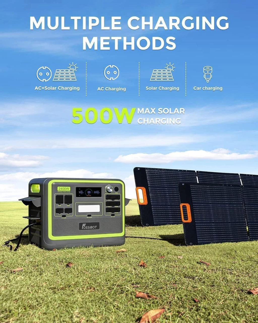 FOSSiBOT F2400 Station électrique portable CA 2400W (4800W Pic), Station Silencieux Solaire 2048Wh LiFePO4, Groupe Générateur électrique Onduleur Alimentation de Secours à Domicile Camping