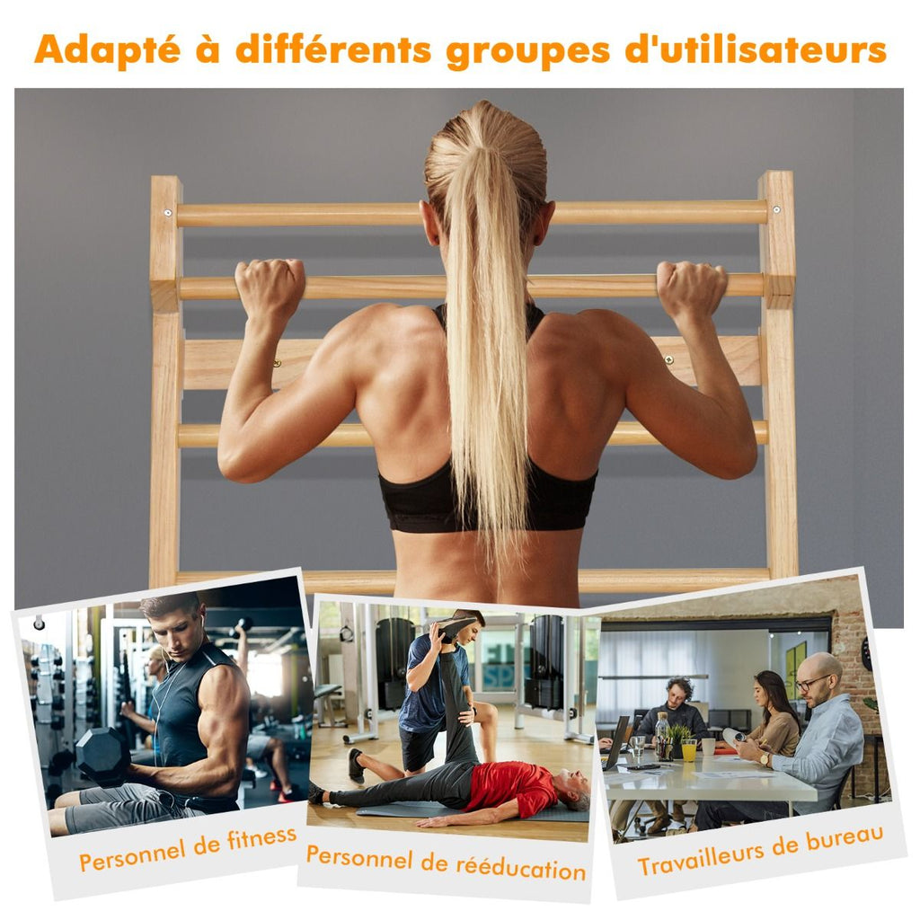 Espalier Mural Espalier de Gymnastique Capacité 150 kg Diamètre Barre 3,3 cm en Bois de Pin 195x80x14cm Naturel