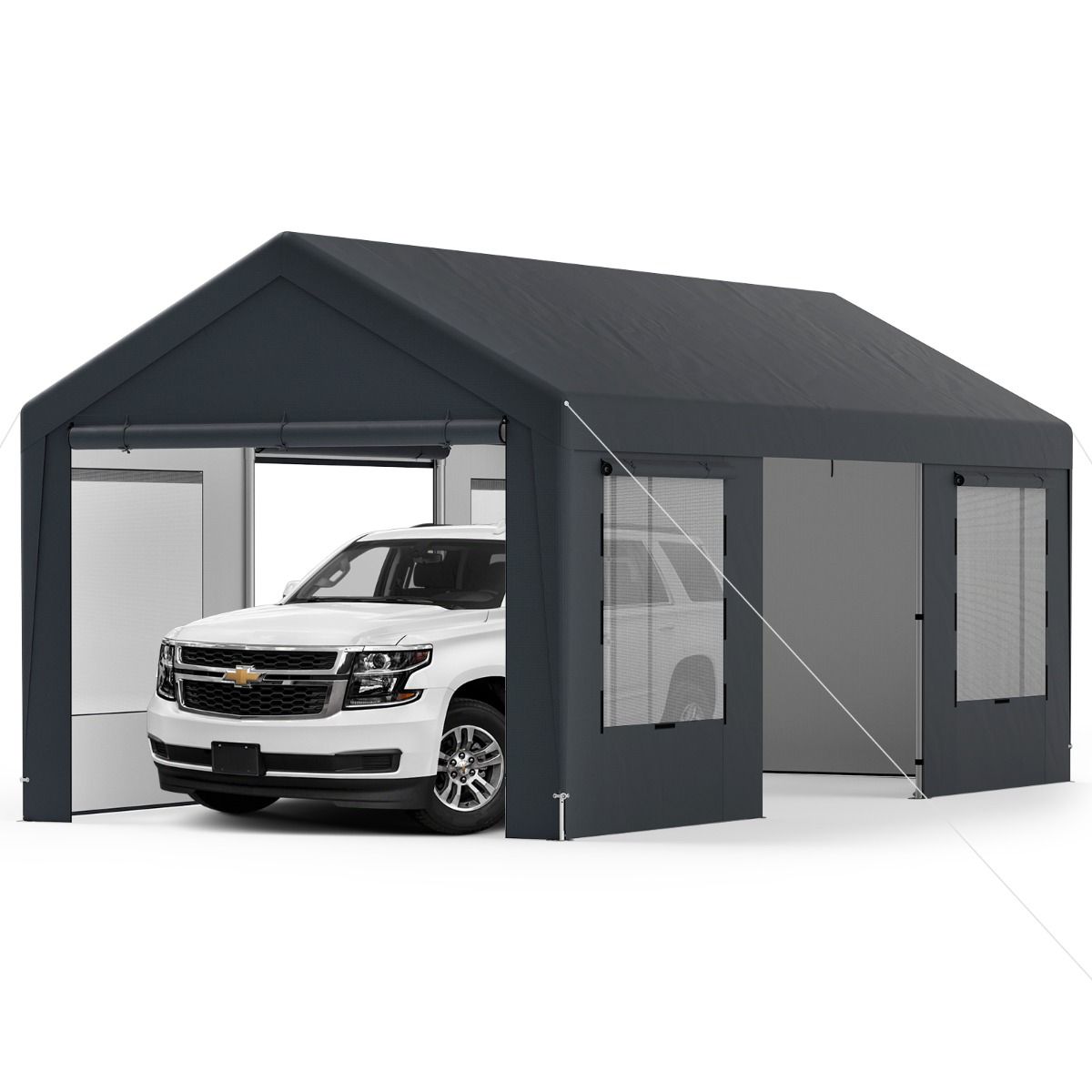 Abri de Voiture 595 x 300 cm Extérieur Tente de Garage avec 8 Parois Latérales Amovibles Portes Enroulables Fenêtres Ventilées Gris